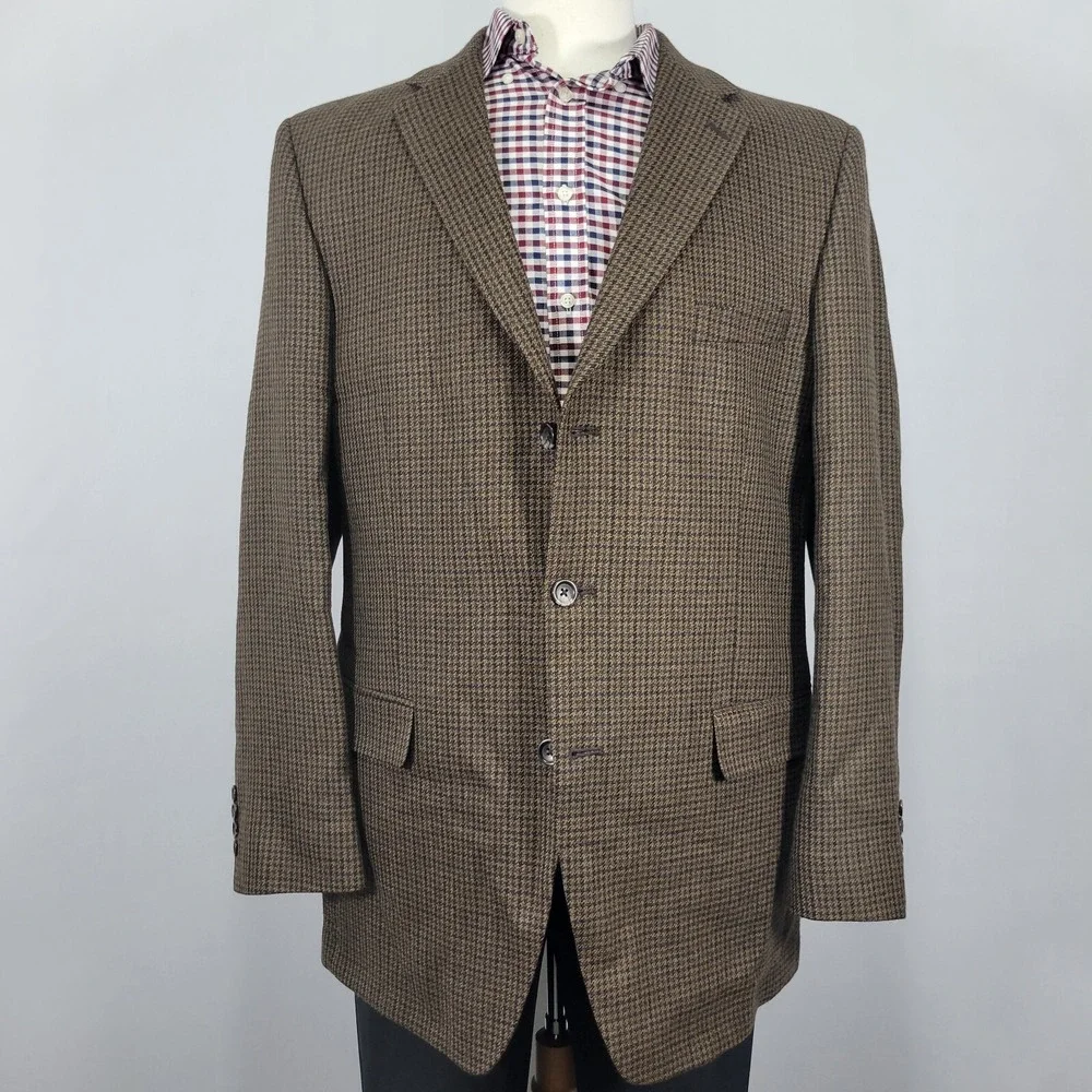 Stafford Essentials Mens Sport Coat Three‎ Button Brown Houndstooth Wool 44L